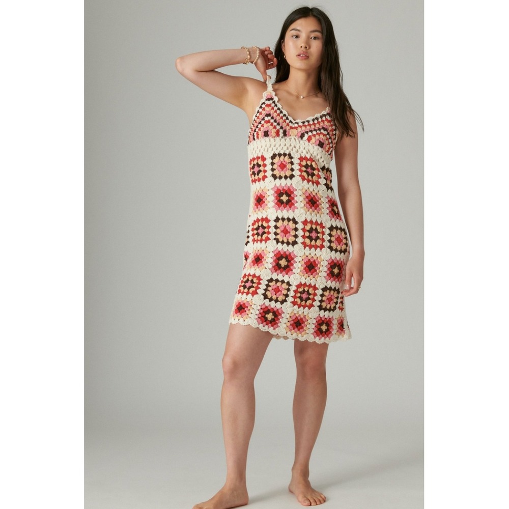 Lucky Brand Women Mini Dress XLARGE Pink Granny Square Crochet Knit Boho Cotton